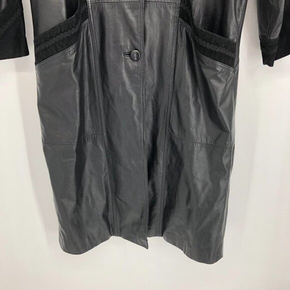G-III Vintage Black  1980s Leather w/ Paisley Suede Trim Trench Coat LG - Picture 5 of 15